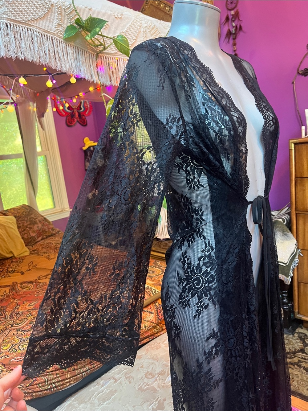Black sheer lace tie front wide sleeve maxi robe kimono - Picture 2 of 4